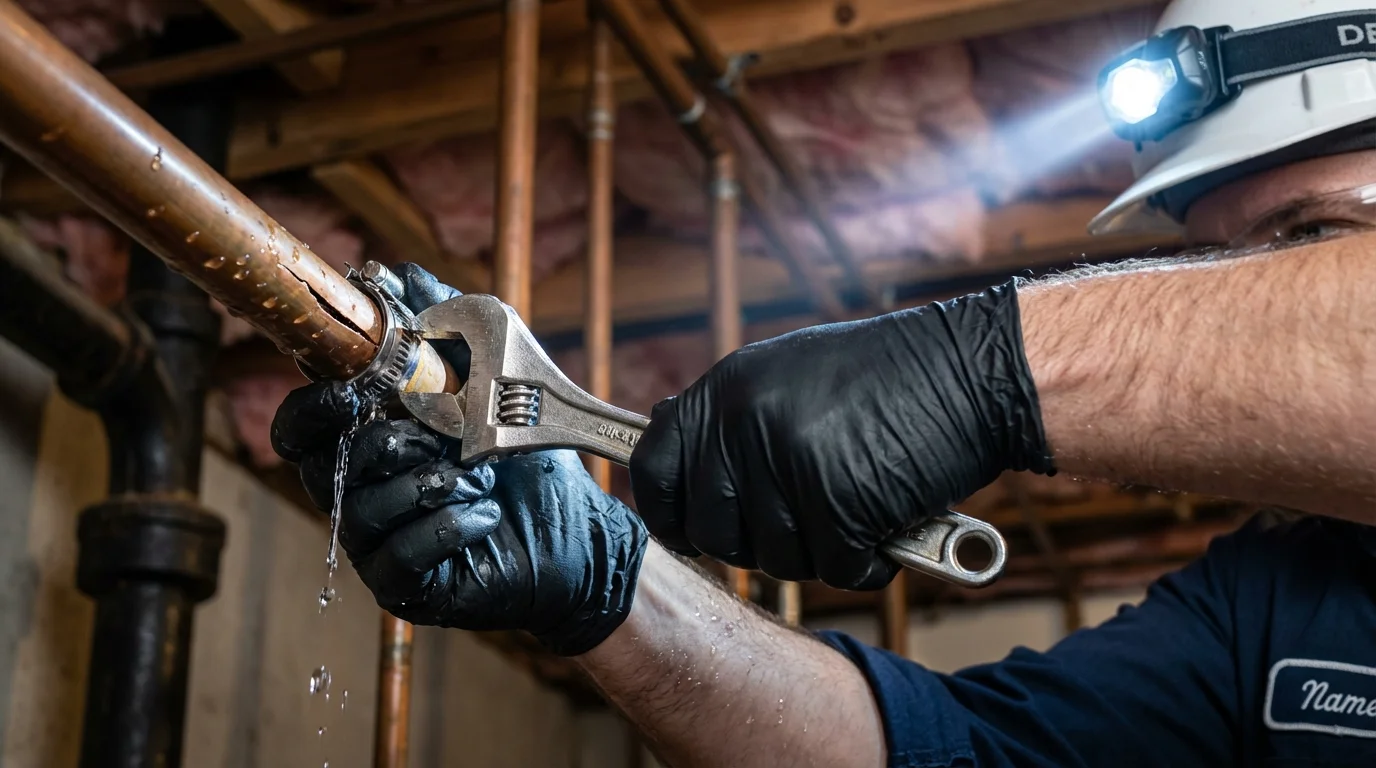 Emergency pipe clamp repair being performed by a Johns Plumbing LLC plumber in Harristown