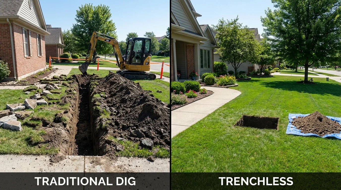 Trenchless sewer repair with minimal yard damage versus traditional excavation in Harristown, IL