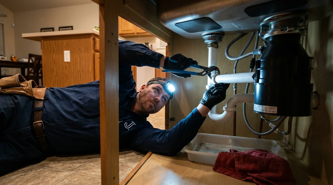 P-trap and supply line connections under a kitchen sink showing a common leak point in Harristown, IL
